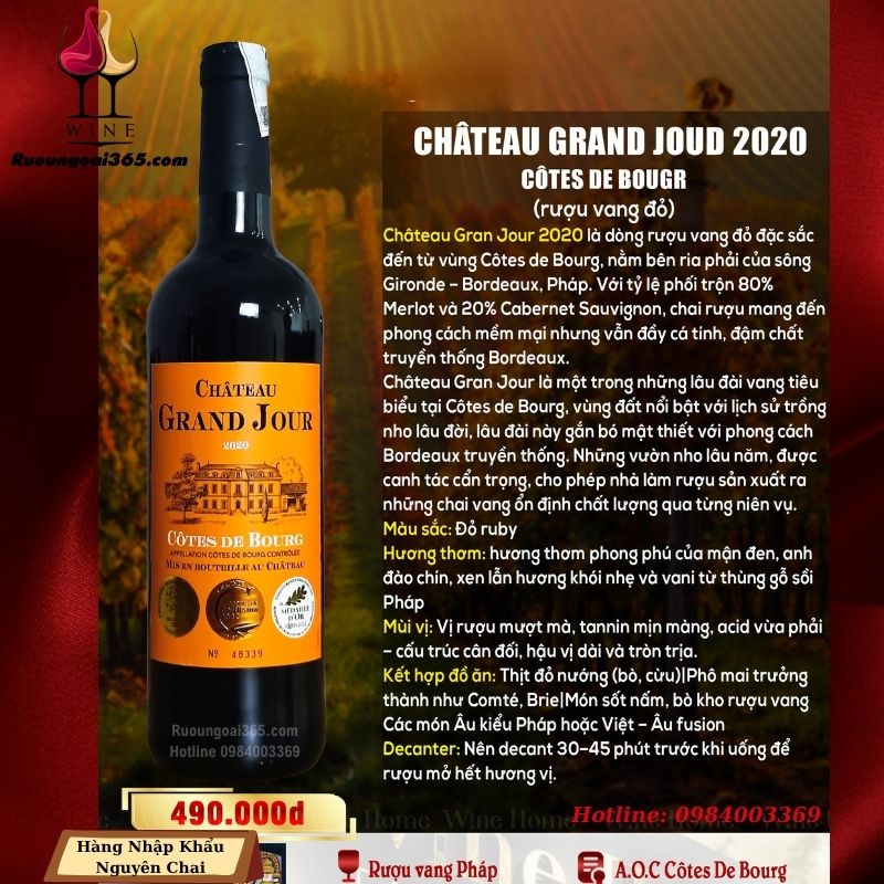 Rượu Vang Pháp Château Grand Joud 2020- Côtes De Bougr